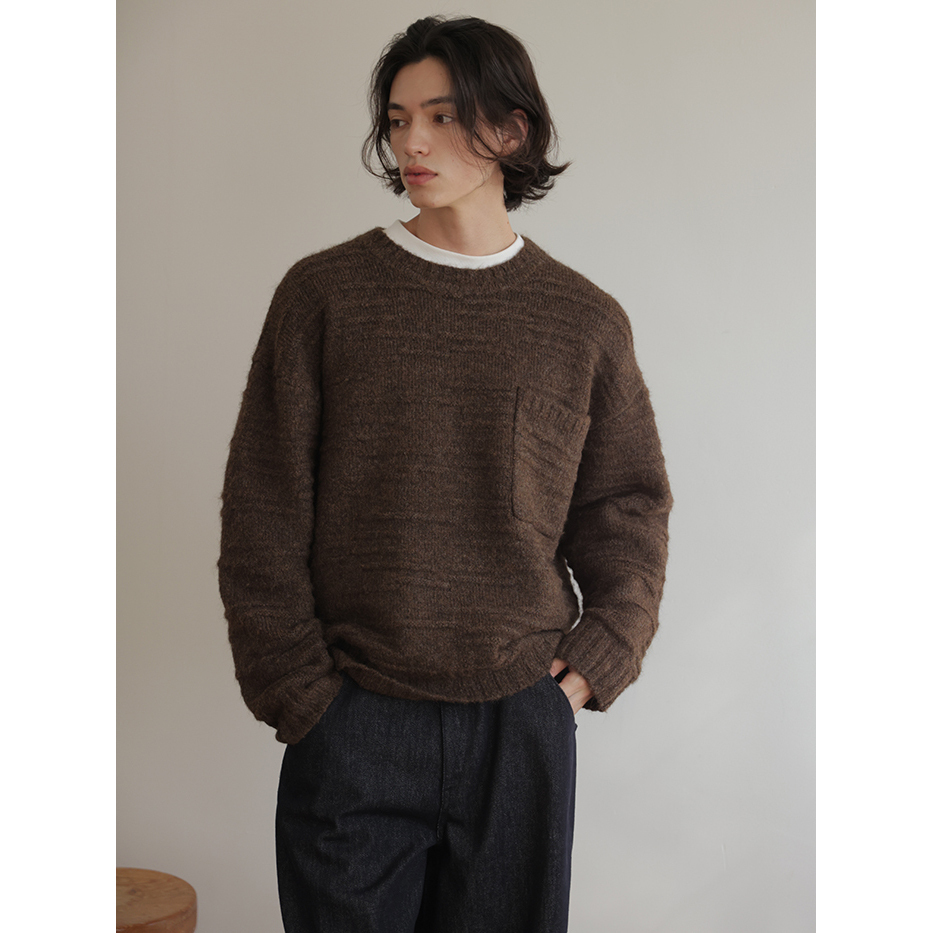 可乐生活CARPEM 设计感口袋纹理羊毛圆领毛衣复古氛围感针织上衣