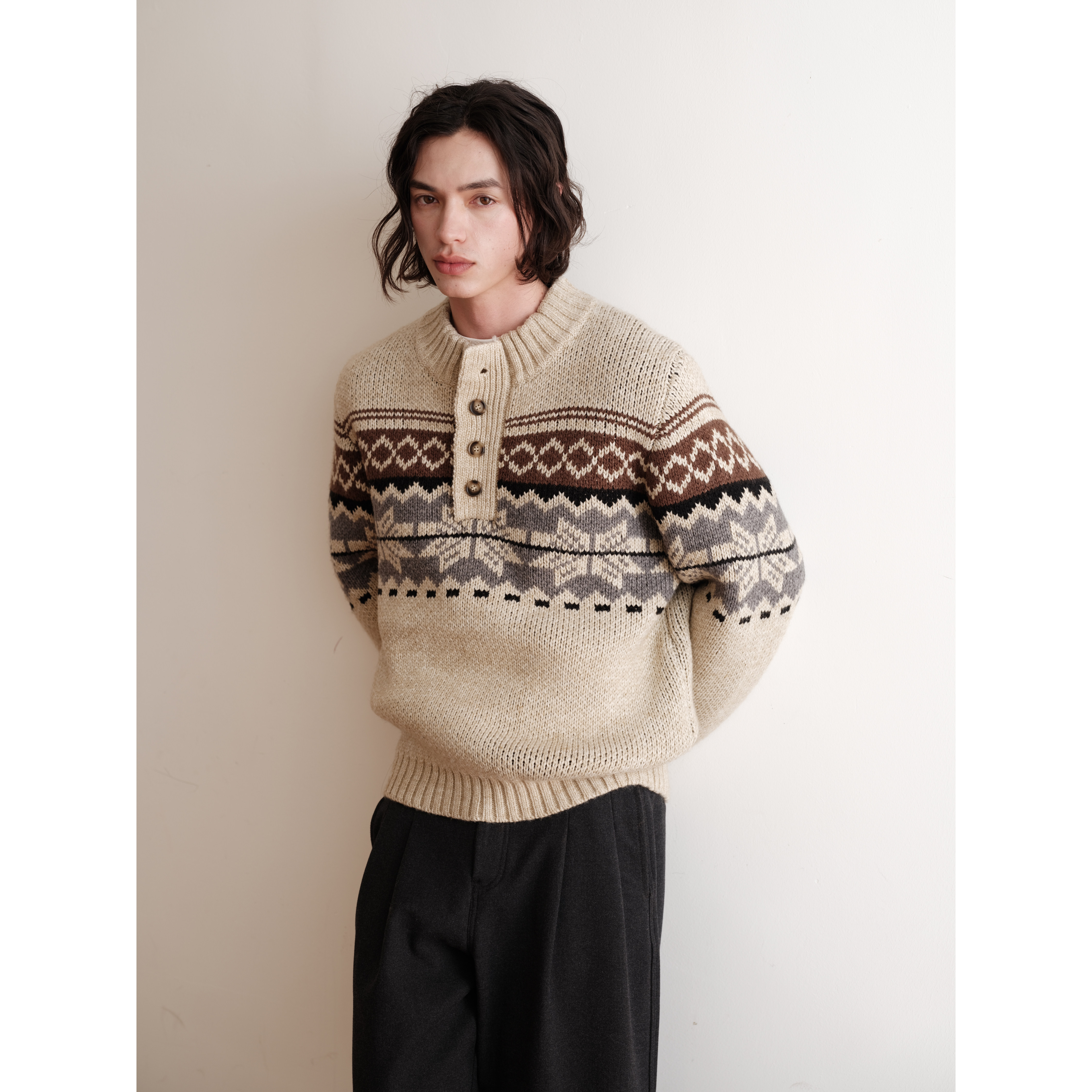 可乐生活CARPEM 费尔岛复古毛衣冬季羊毛亨利领提花针织上衣,男装,针织衫/毛衣,淘宝优惠券,粉丝福利购,淘宝优惠卷