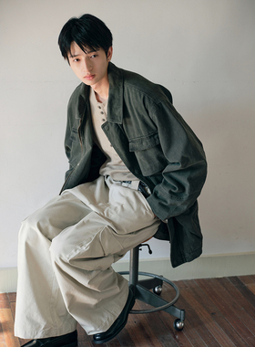 可乐生活CARPEM秋季复古水洗做旧军绿色中长款巴恩风古仓夹克男女