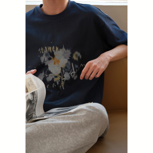 可乐生活自制 T恤男女 春夏原创手绘幻影花卉宽松纯棉280g圆领短袖