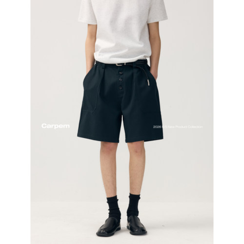 可乐生活CARPEM春夏法工蓝排扣宽松巴黎扣天丝棉五分复古休闲短裤