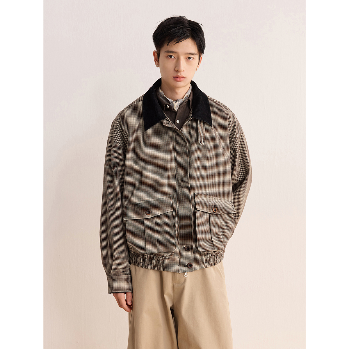 可乐生活CARPEM秋冬季日系复古TR千鸟格短款廓形宽松夹克外套男女