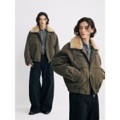 百搭短款 可乐生活CARPEM 复古茶歇绿麂皮毛领外套冬季 翻领棉服