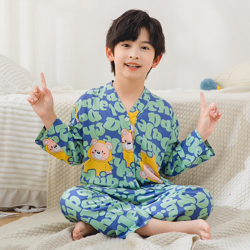 儿童绵绸睡衣夏季男童薄款大童长袖空调服男孩宝宝棉绸家居服套装