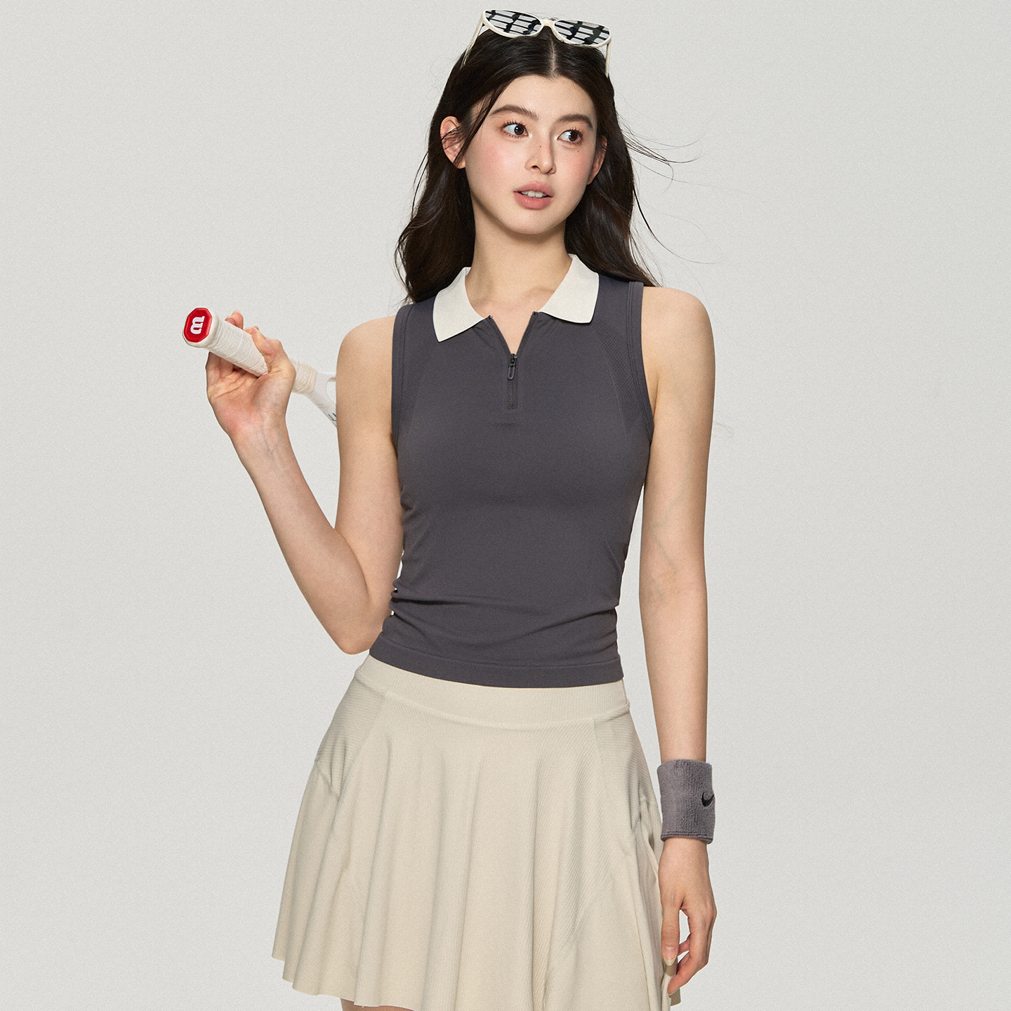 半拉链修身显瘦瑜伽无袖t恤女