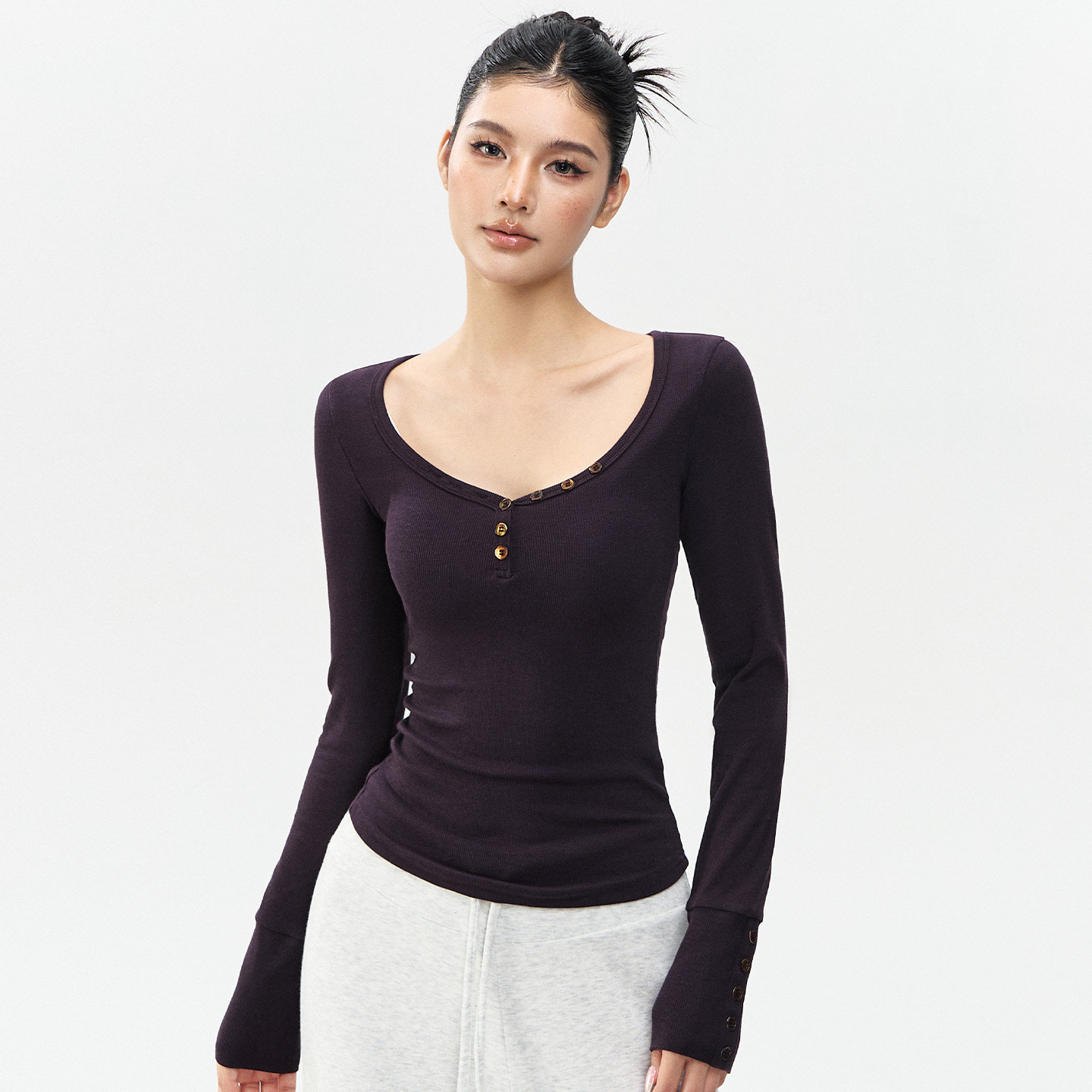 瑜伽长袖韩系V领打底衫
