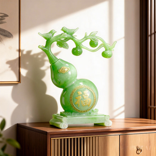 中式招财翡翠葫芦鹿摆件组合套装