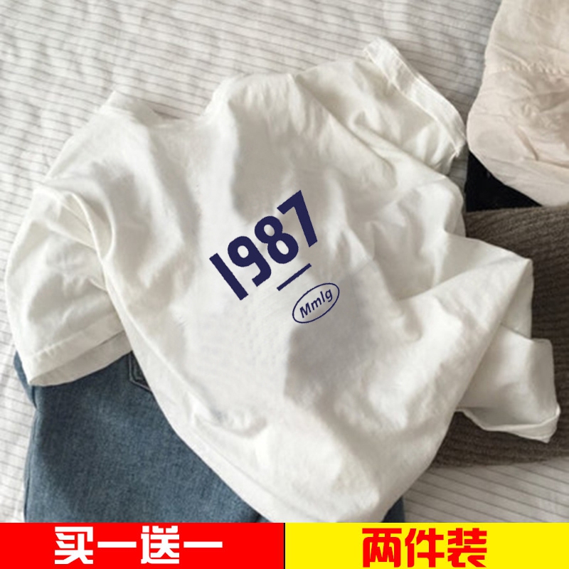 复古上衣港味韩版ins纯色圆领短袖T恤女bf宽松中长款打底百搭026