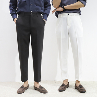 裤子男夏装宽松休闲裤直筒白色西裤垂感薄款九分裤男士9分小脚裤