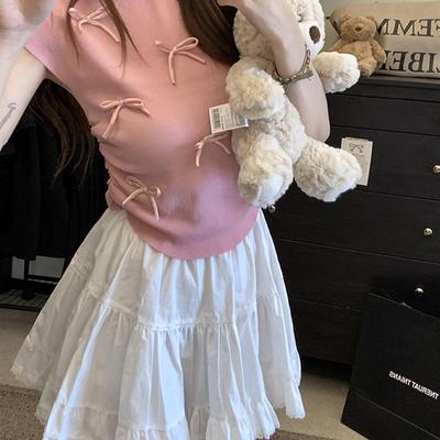 蝴蝶结半高领短袖针织衫女夏季韩系甜美温柔薄款毛衣褶皱修身上衣