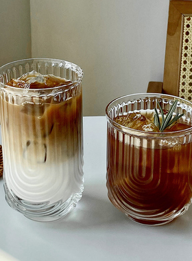 小众条纹U形玻璃杯 ins冰美式拿铁咖啡杯果汁杯饮料杯子水杯商用