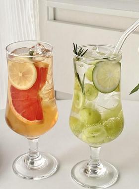 ins风玻璃高脚杯 高颜值果茶杯苏打气泡水杯果汁冷饮品杯鸡尾酒杯
