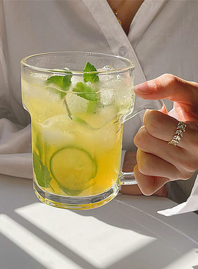 大容量玻璃水果茶杯带把莫吉托杯夏季果汁冷饮杯家用饮料喝水杯子