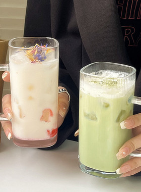 ins方形加厚玻璃气泡饮杯带把手商用高颜值果汁杯咖啡杯牛奶杯子