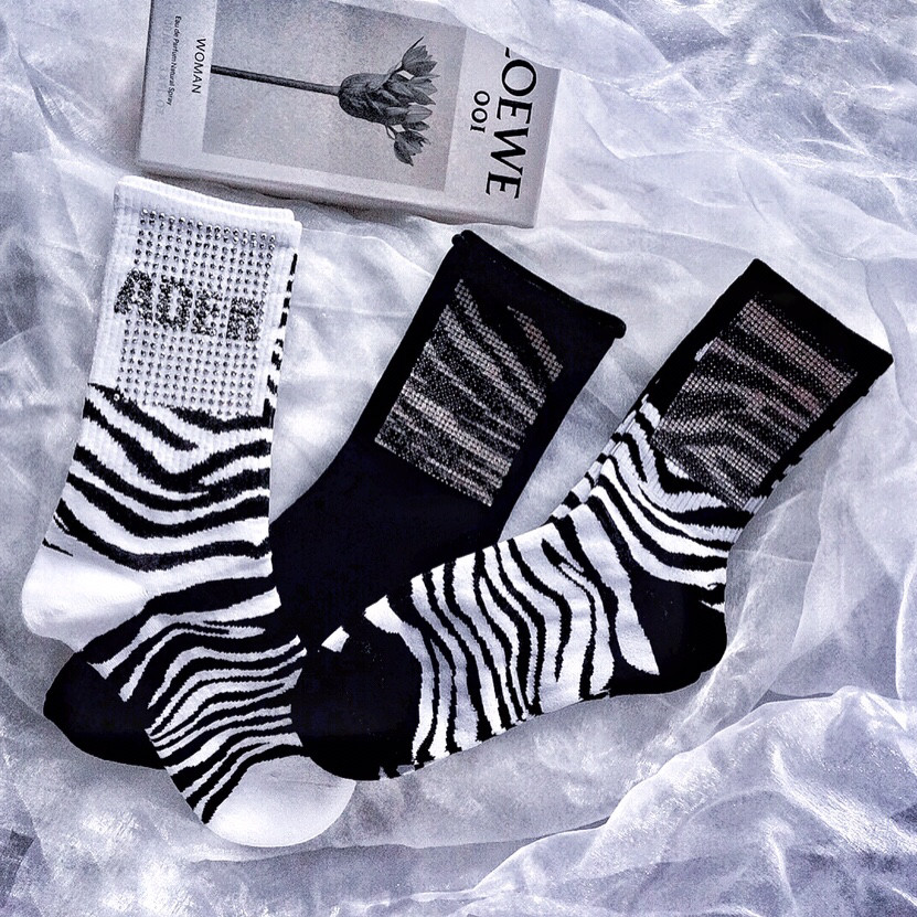 水钻堆堆袜欧美潮流时尚百搭小腿袜纯棉斑马纹秋冬网红同款黑白潮