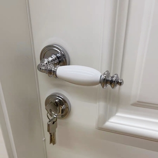 依佰利镀铬银色白陶瓷法式静音纯铜门锁美式轻奢复古磁吸双开门锁