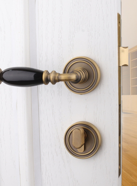 依佰利黄古铜门锁复古美式黑陶瓷门把手静音门锁法式仿古卧室门锁