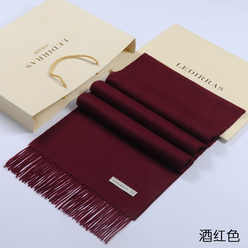 中老年妈妈礼物冬季女羊绒围巾加厚100%羊毛纯色男围脖长款酒红色