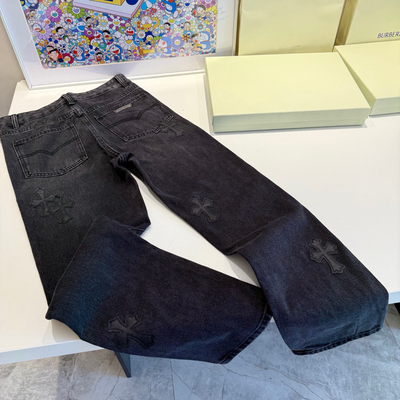 美式潮牌十字架贴皮刺绣水洗做旧牛仔裤男女同款百搭休闲直筒长裤