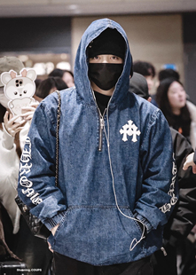 Ch新款潮牌十字架梵文贴皮刺绣水洗牛仔外套男女同款宽松夹克上衣