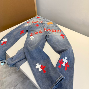 就是实拍图 拼皮梵文字母红十字架牛仔裤男士宽松直筒做旧蓝长裤