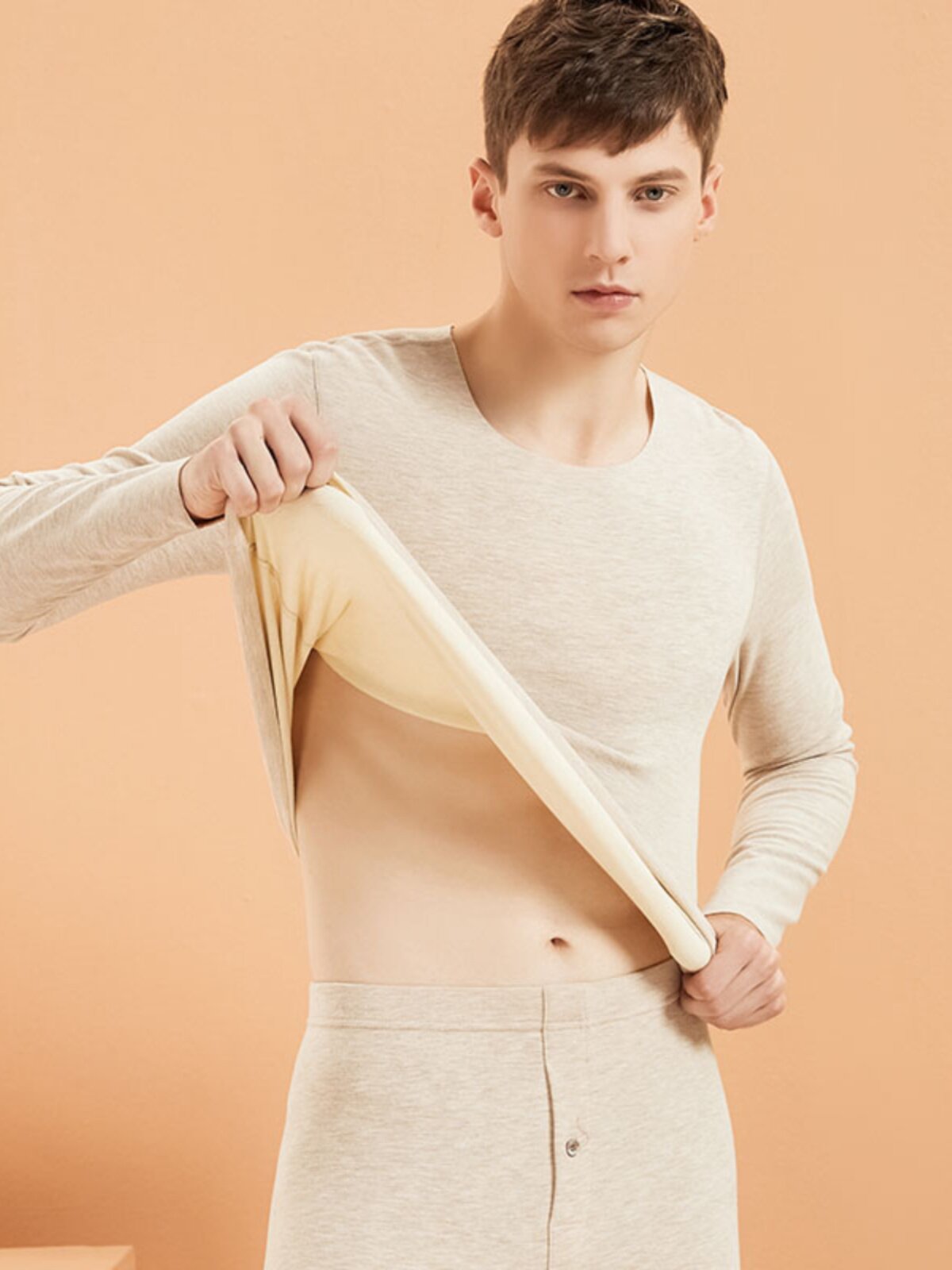 德绒保暖内衣男士双面无痕自发热秋衣加绒加厚紧身蚕丝打底衫上衣