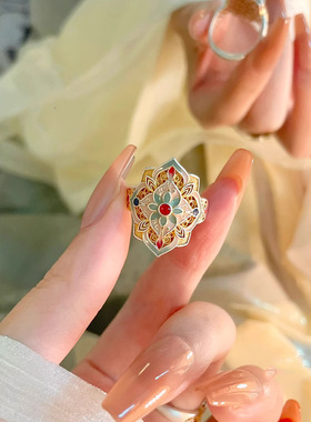 镀925银新品新款珐琅彩牡丹戒指