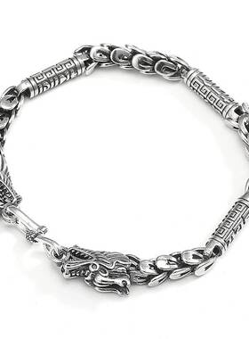 镀925银复古回纹龙头男士手链潮流个性龙鳞双龙头手链