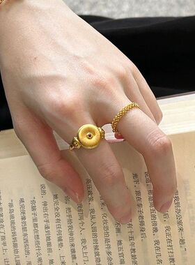 新款古法拉丝平安扣戒指Vintage中古黄色向日葵红宝指环