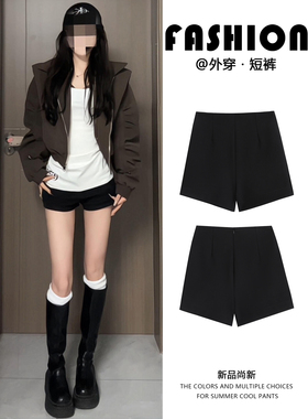 黑色高腰短裤女秋冬2025新款加绒美式辣妹西装打底裤紧身包臀热裤