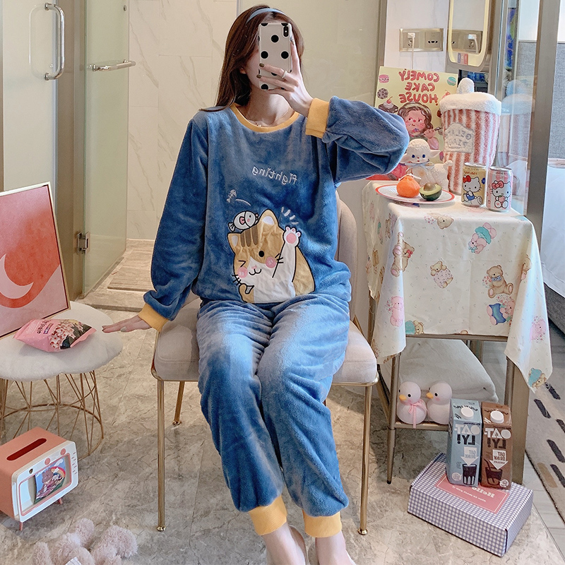 睡衣女秋冬季长袖年新款加厚珊瑚法兰绒居家服套装初中生冬天
