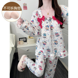 带胸垫甜美风少女家居服套装 可爱小新新款 可外穿 睡衣女长袖 春秋季