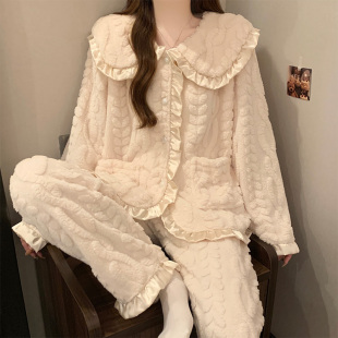 睡衣女 法兰绒公主风娃娃领开衫 2025秋冬新款 提花珊瑚绒家居服套装