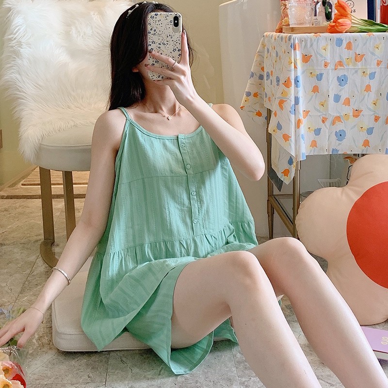 绿色性感吊带睡衣女夏季纯棉2025年新款夏天清新网红风家居服套装