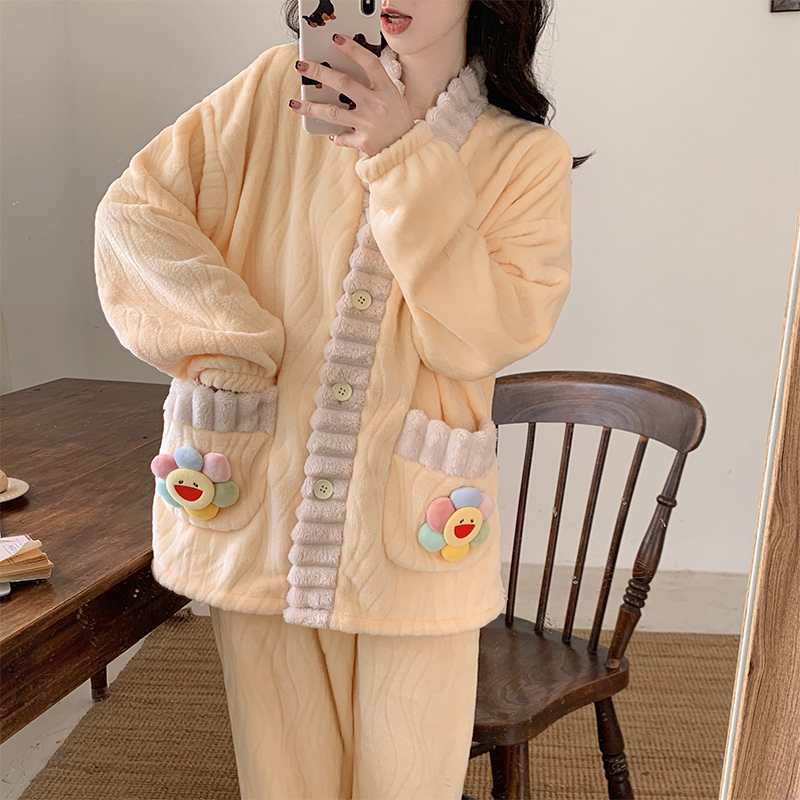 珊瑚绒睡衣女冬季长袖V领开衫
