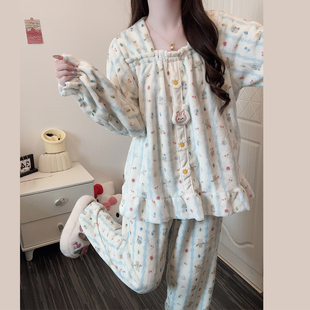 公主风睡衣女秋冬季 冬天可爱小熊法兰绒家居服 加厚加绒珊瑚绒套装