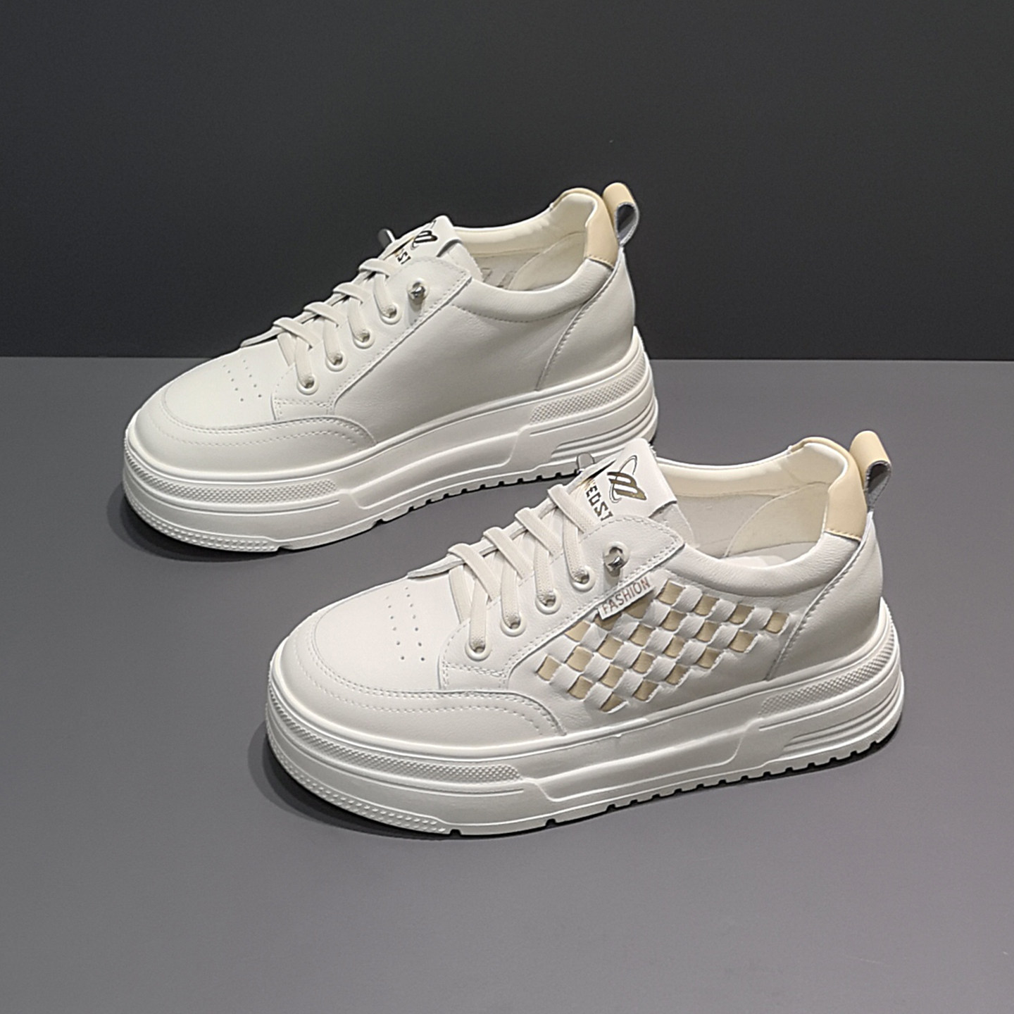 2026早春厚底增高6cm编织格子拼色一脚蹬牛皮乐福低帮小白板鞋女,女鞋,时尚休闲鞋,淘宝优惠券,粉丝福利购,淘宝优惠卷