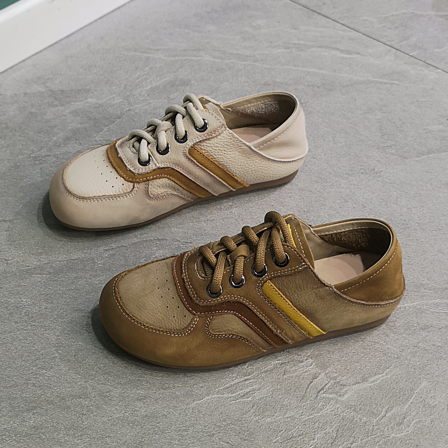 2026春新款圆头绑带休闲时尚拼色头层牛皮低帮单鞋轻便小巧旅游鞋