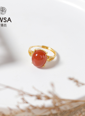 南红大蛋面四爪S925银戒指