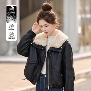 时尚短款PU皮羽绒服女2025年冬装新款宽松大码毛绒翻领白鸭绒外套