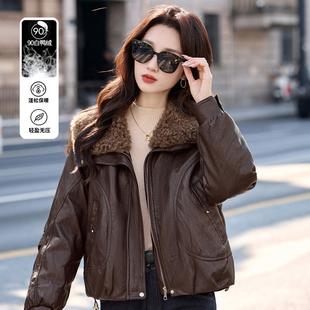 时尚短款毛绒翻领PU皮羽绒服女2025年冬新款宽松大码加厚保暖外套
