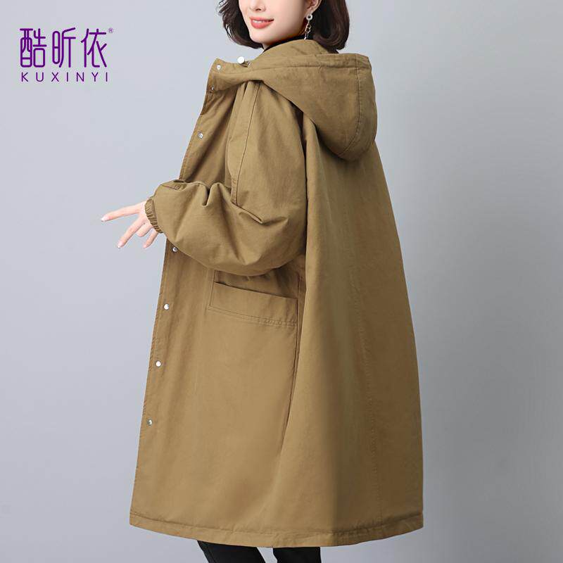中长款休闲连帽棉服女2025年冬装新款宽松大码纯色加绒加厚派克服