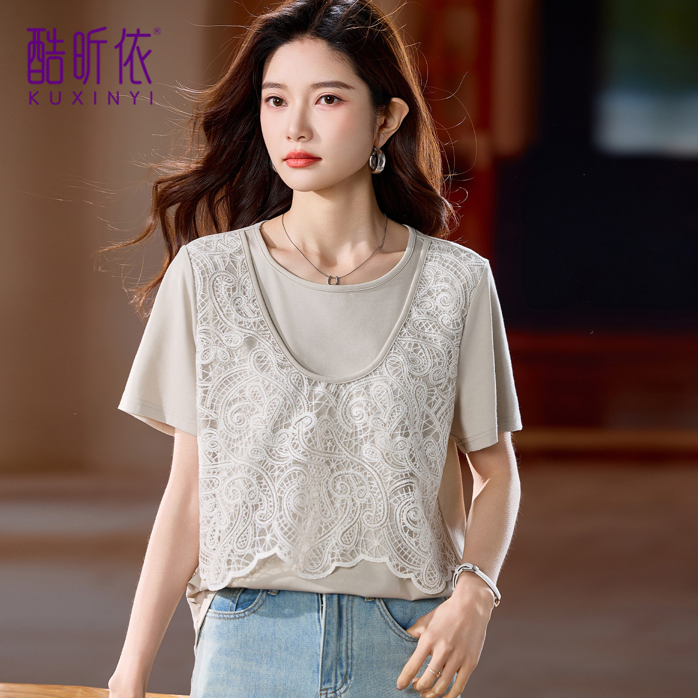 时尚短款圆领拼接T恤女2026年夏新款宽松大码小个子短袖薄款上衣