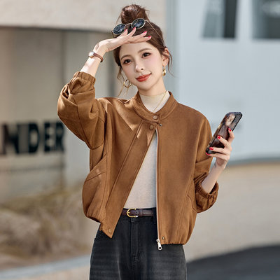 时尚短款立领鹿皮绒外套女