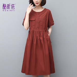 中长款圆领连衣裙女2026年夏季新款韩版宽松大码短袖抽绳收腰裙子