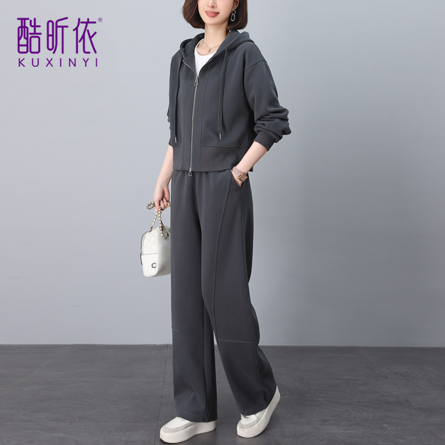 小个子休闲运动套装女2026年春秋新款宽松大码纯色百搭卫衣两件套