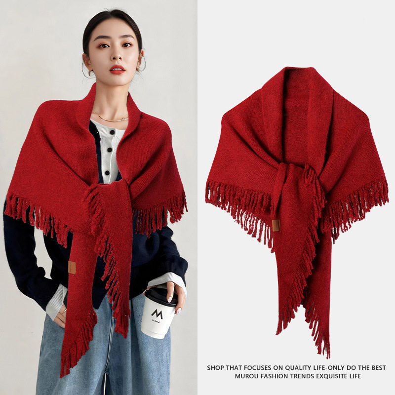 巾披肩秋冬加厚保暖高级感大流苏针织羊毛混纺围巾女围脖外搭
