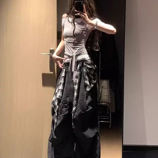 格子屁帘黑色阔腿裤女款宽松慵懒风爵士舞裤子高腰垂感拖地弯刀裤