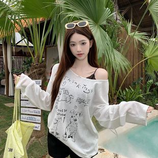 寬松薄款 韓系慵懶風(fēng)防曬長袖 印花T恤2025夏季 新款 露肩上衣女chic