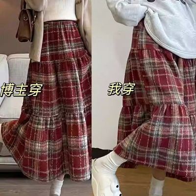 秋冬新款圣诞红毛呢女长款伞裙